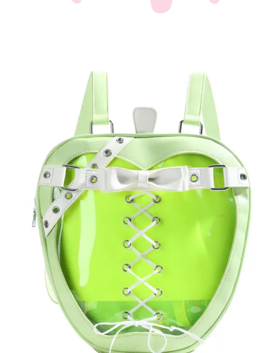 Green Heart Lace-Up PVC Backpack with White Bow